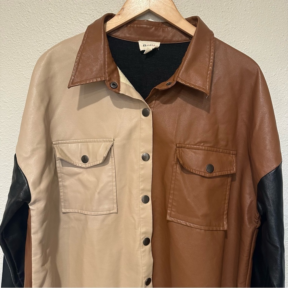 BiBi Color Block Faux Leather Shacket - Picture 7 of 13